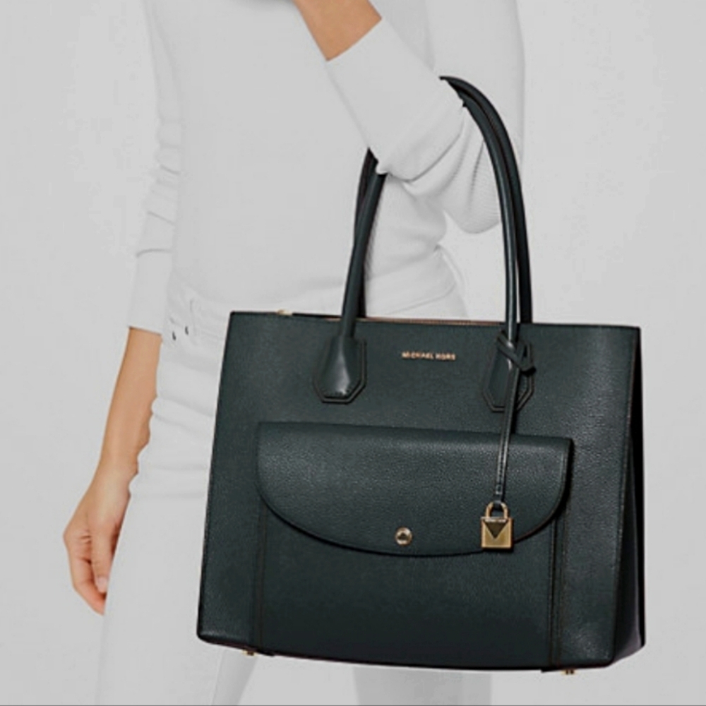 Michael Kors Dark Green Leather Tote With Gold Hardware